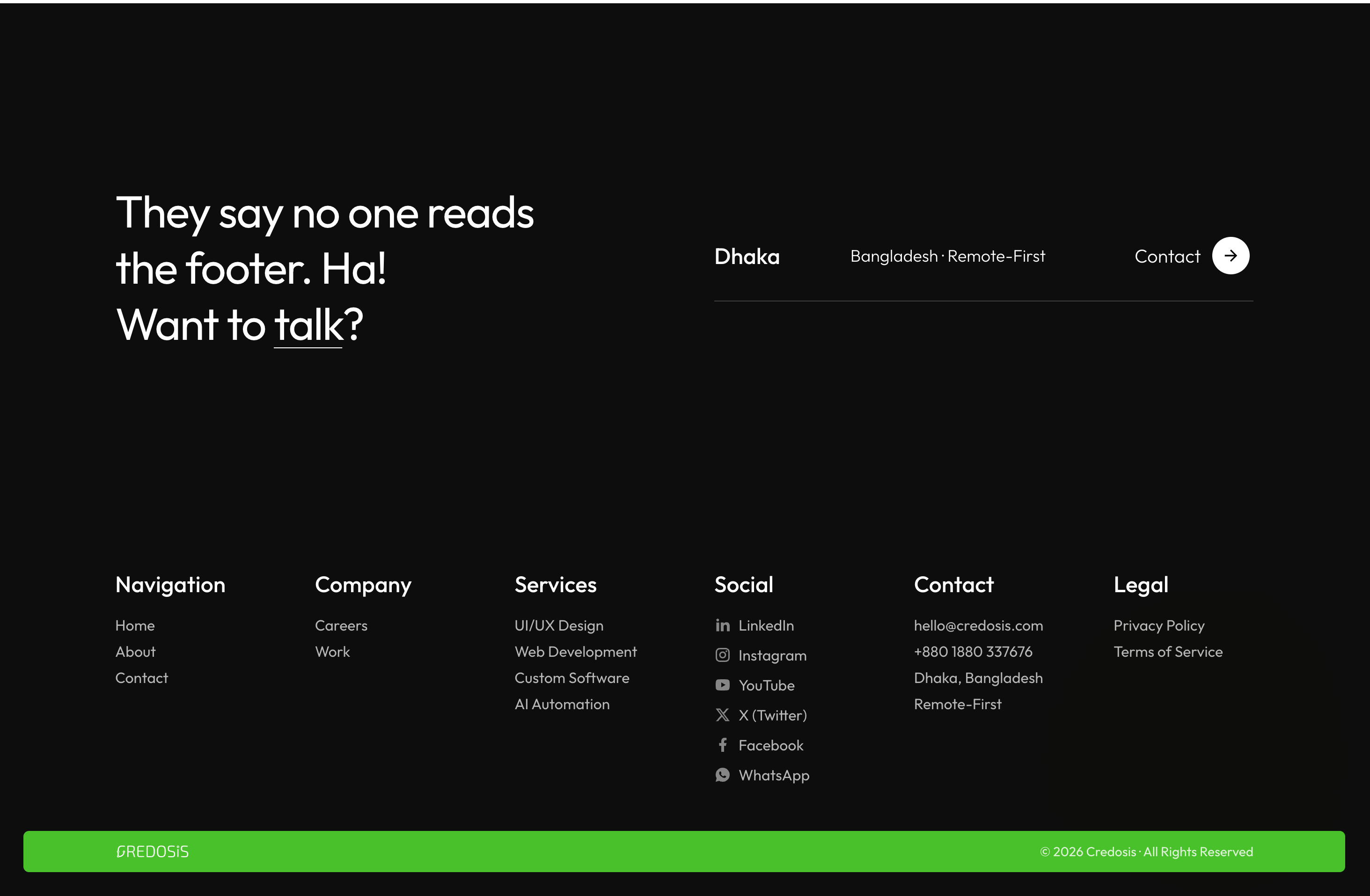 Site footer with navigation, contact details, and calls to action