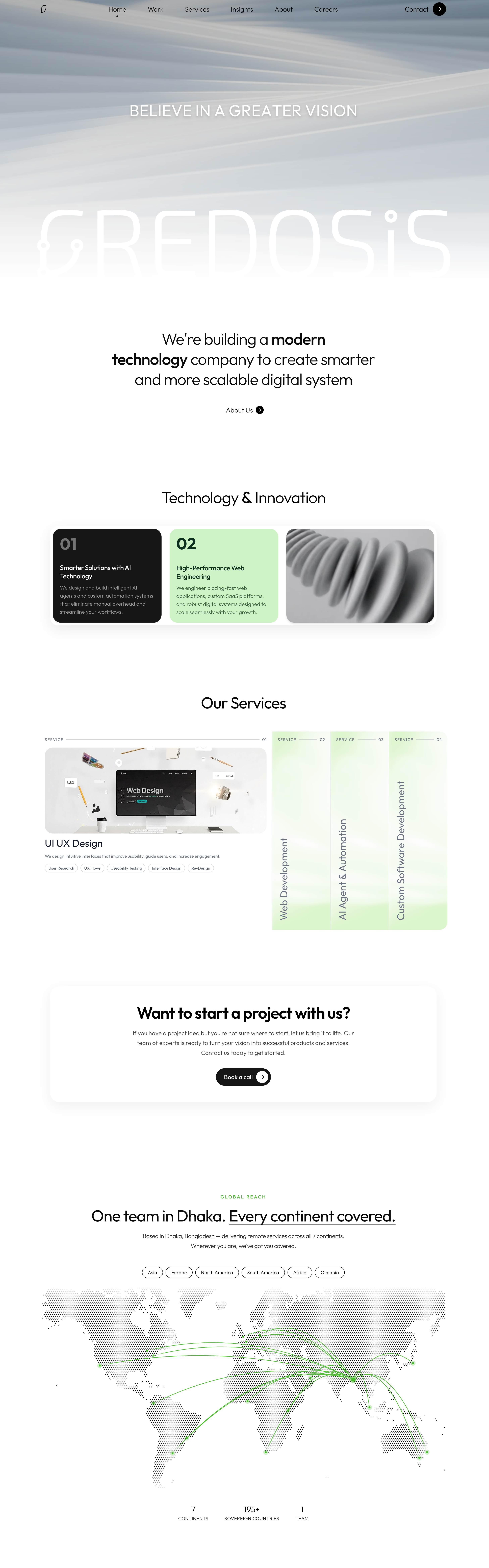 Credosis home page with an animated hero and services overview
