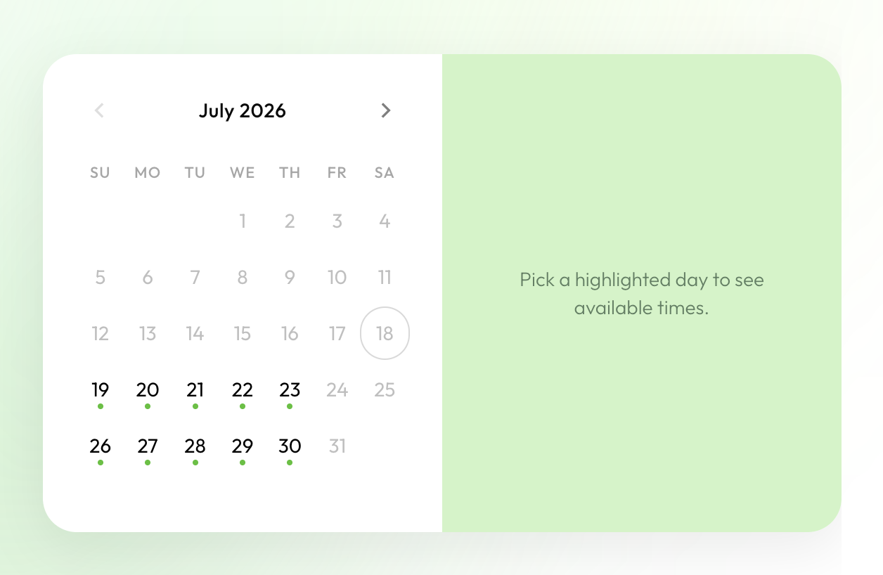 Booking calendar showing a month with available days highlighted