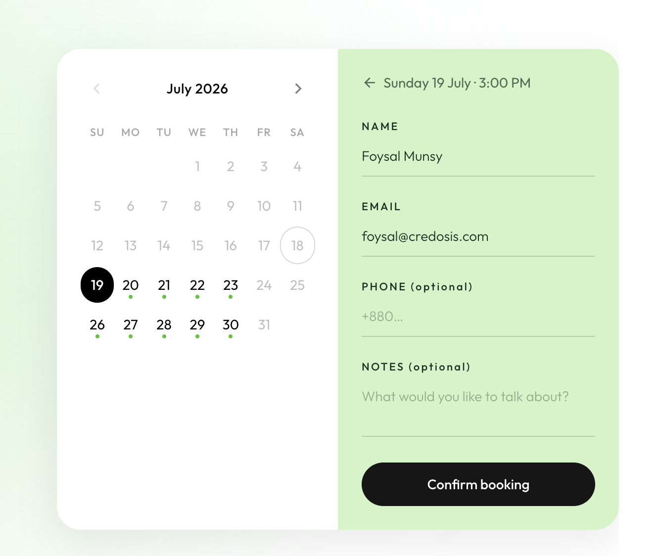 Booking form asking for name, email, optional phone and notes, with a confirm button