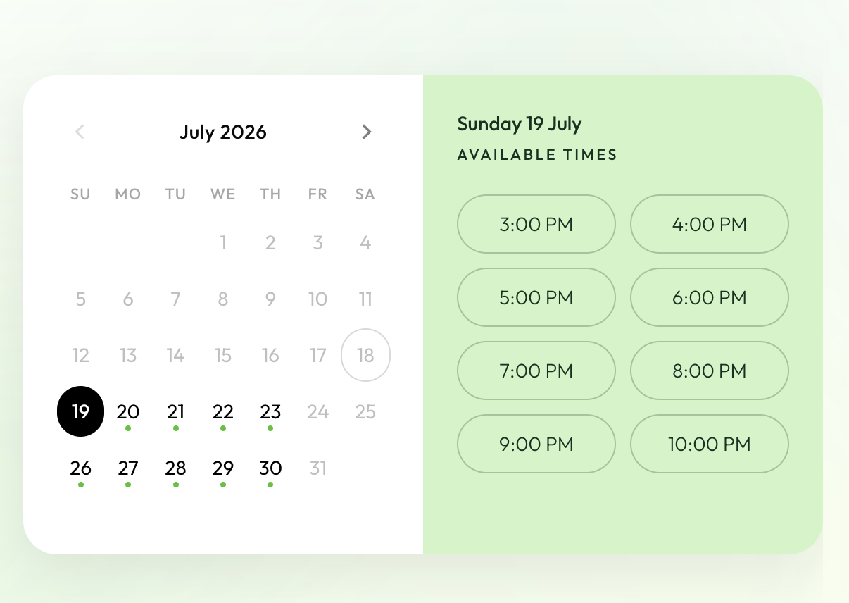 Selected day expanded to show the available time slots